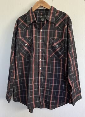 High Noon Western Shirt Mens XL Black Copper Plaid Pearl Snap Cowboy Ranch Rodeo